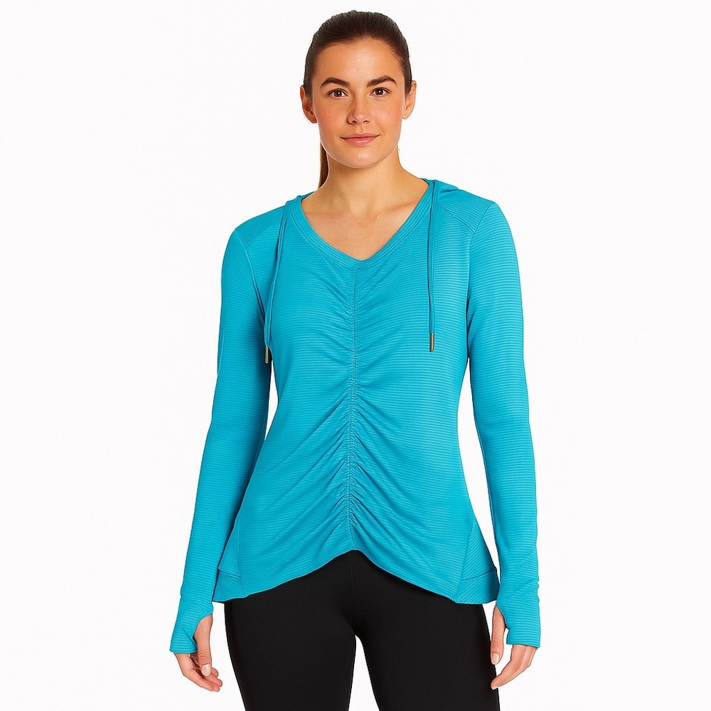 Calvin Klein‎ Performance Teal Striped Ruched Front Long Sleeve Hoodie Medium